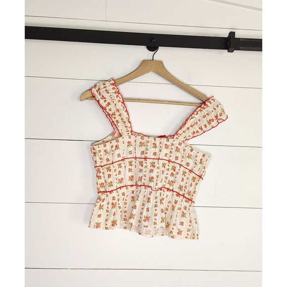 Coquette Floral Ruffle Peplum Top Bow Milkmaid Cottagecore Romantic Feminine L - Picture 5 of 10